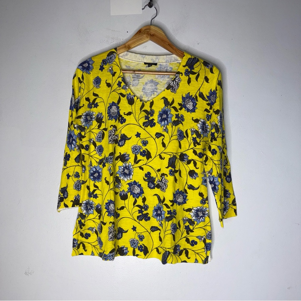 Talbots V-Neck Sweater Yellow Blue Floral 3/4 Sleeve Fitted Cotton LP